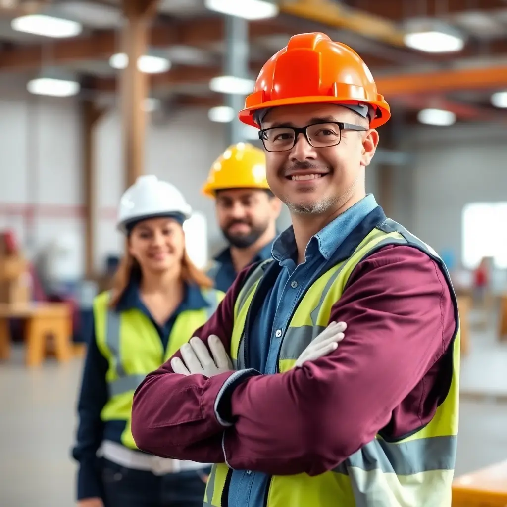 Man in a hard hat stood in a warehouse environment
