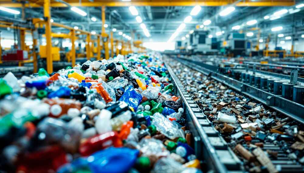 Photo of a recycling conveyor belt full of recycled household waste