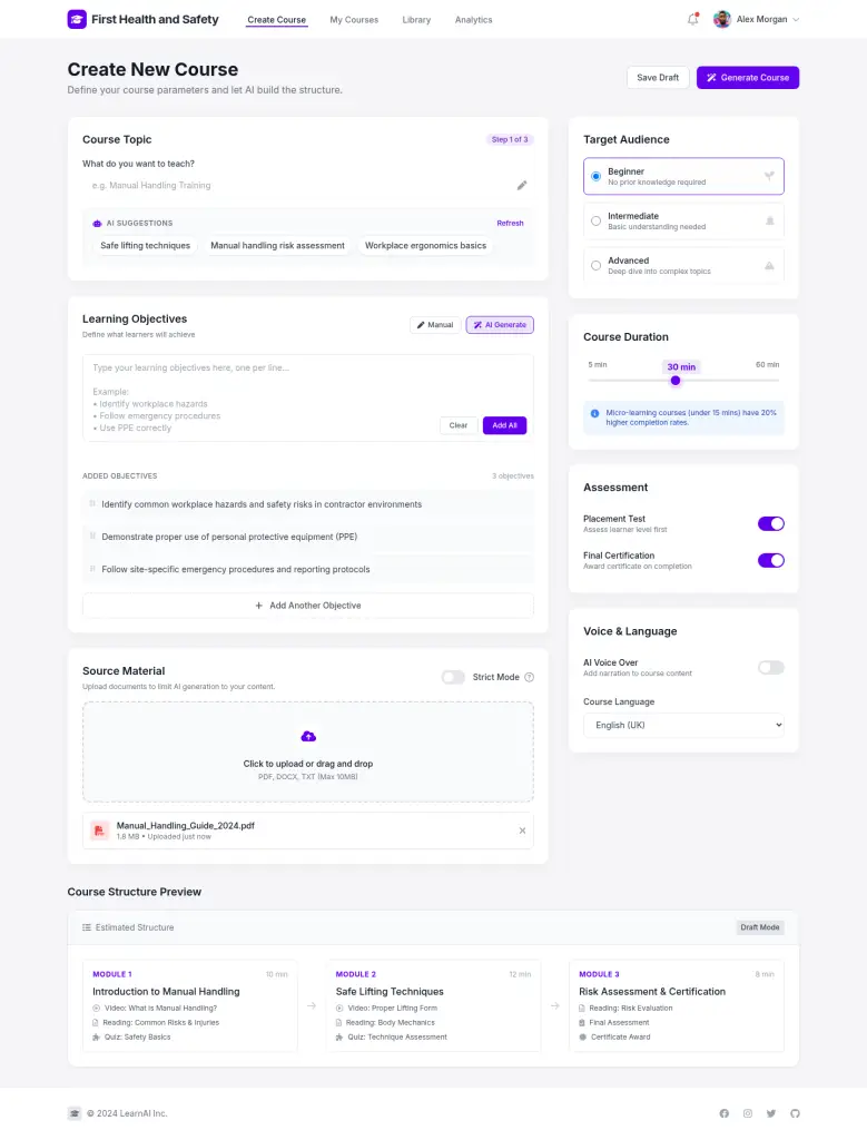 Nuerofy AI course builder user interface