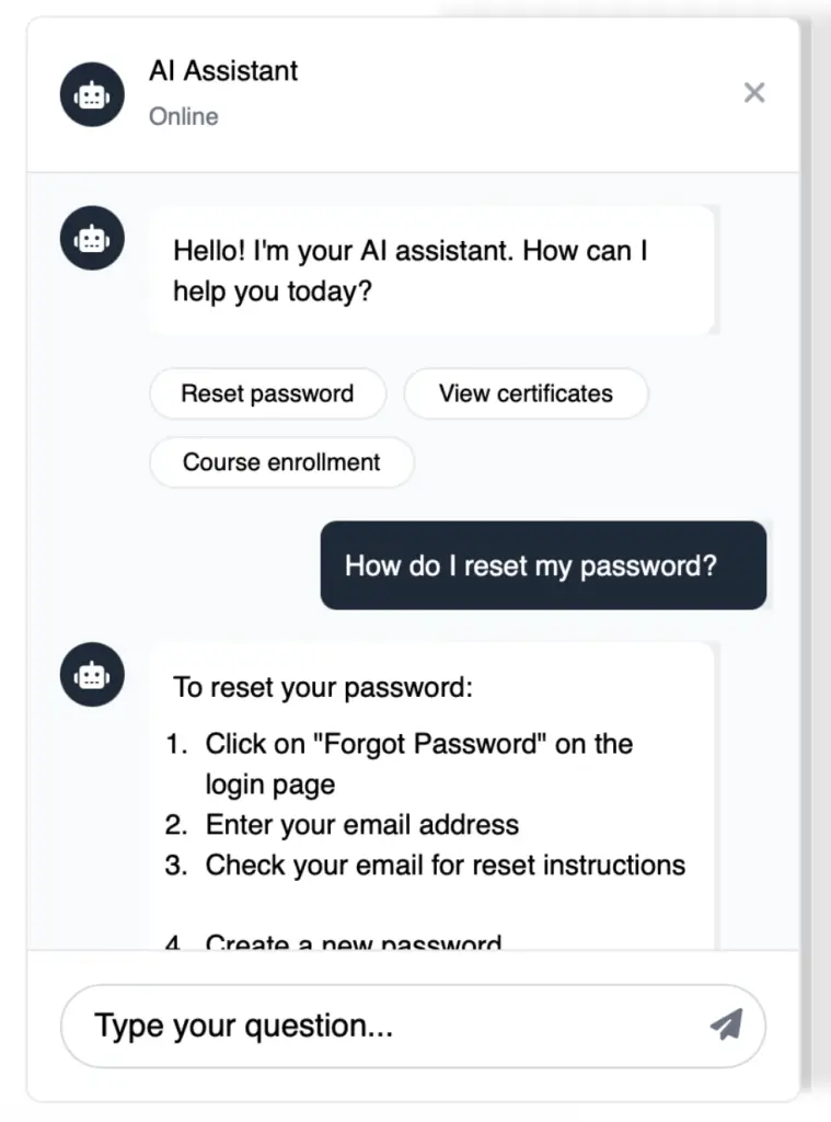 Screenshot showing conversation bubbles between person and AI help assistant
