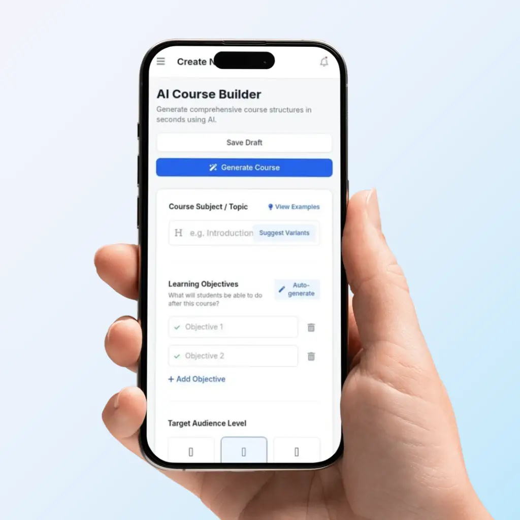 Hand holding a smartphone with the Nuerofy AI course builder interface on the screen