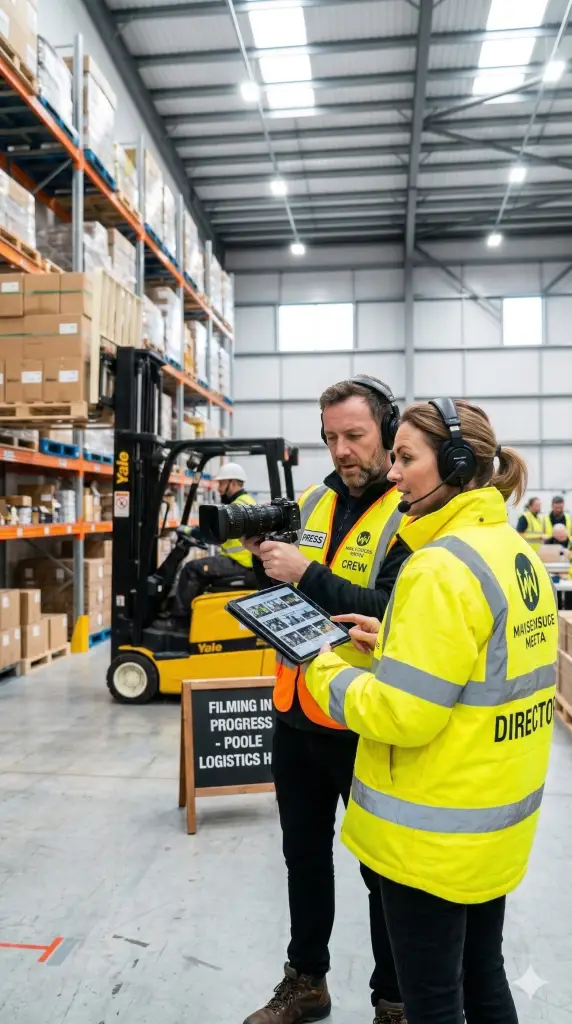 H&S video cameraman and producer in a warehouse