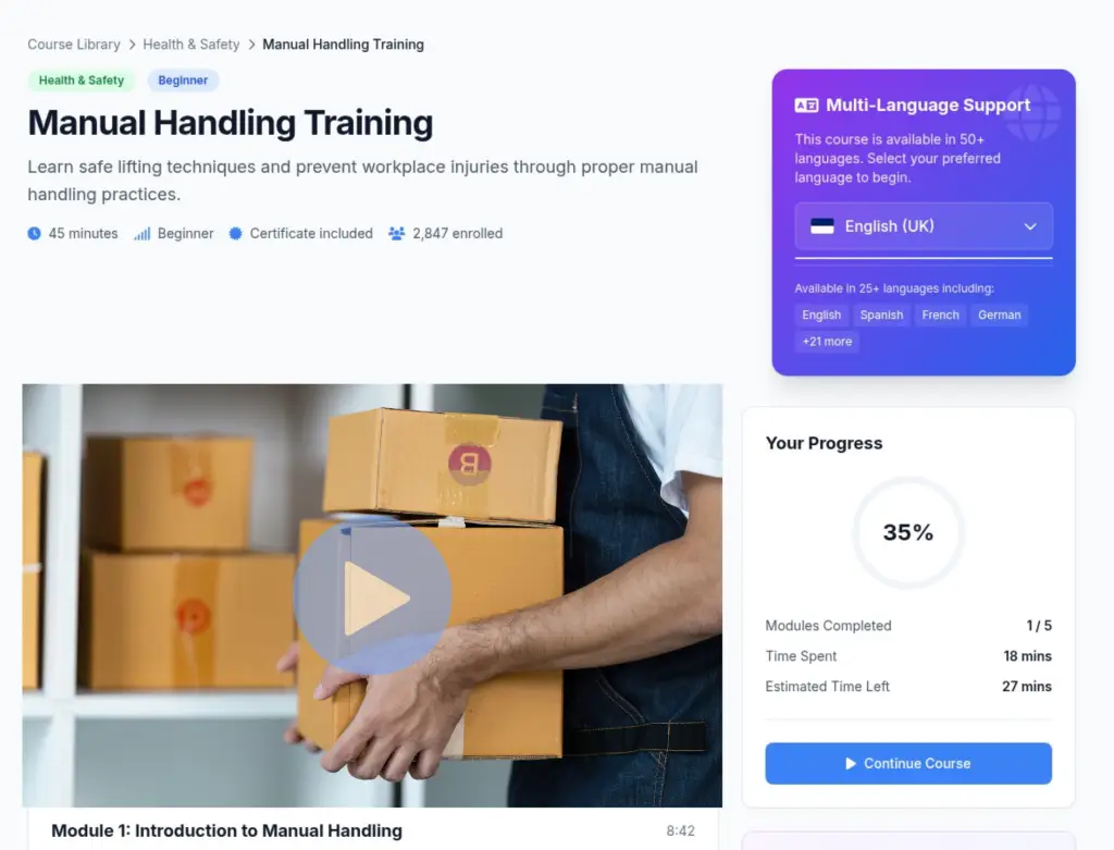 Screenshot of a video course on manual handling with someone holding a box. The interface shows the multilingual language options