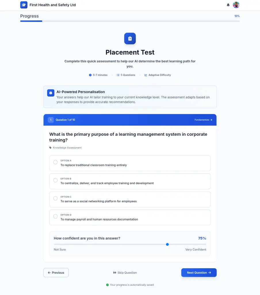 Nuerofy placement test user interface screenshot