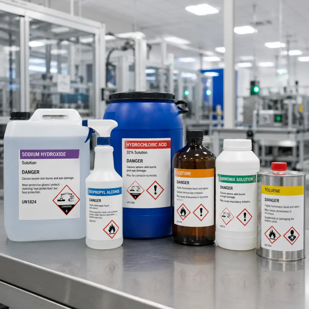 A health and safety image of a selection of chemicals on a table in a manufactring facility