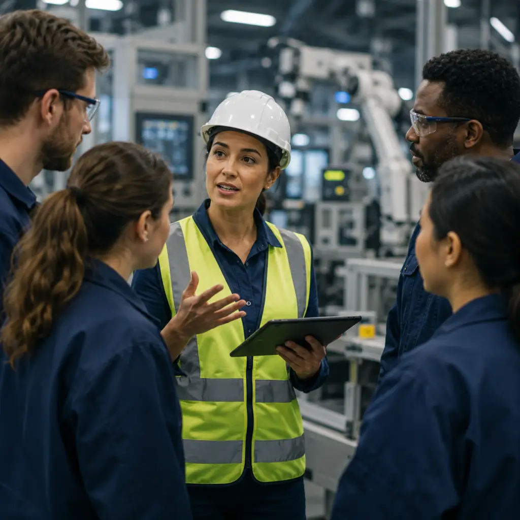 A woman in a hard hat talking about leadership training to a group of four people in a high tech manufacturing facility