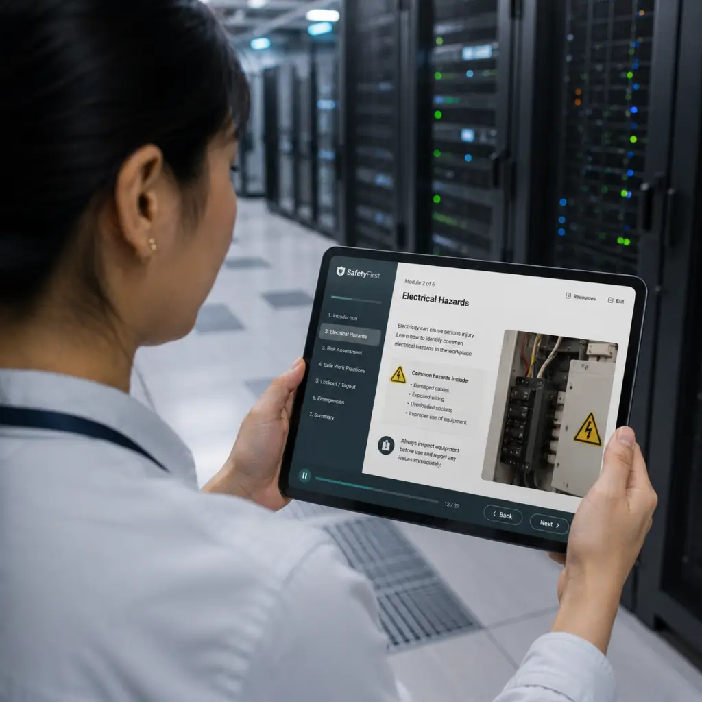 A woman in a data centre holding a tablet that is displaying an electrical safety H&S training course