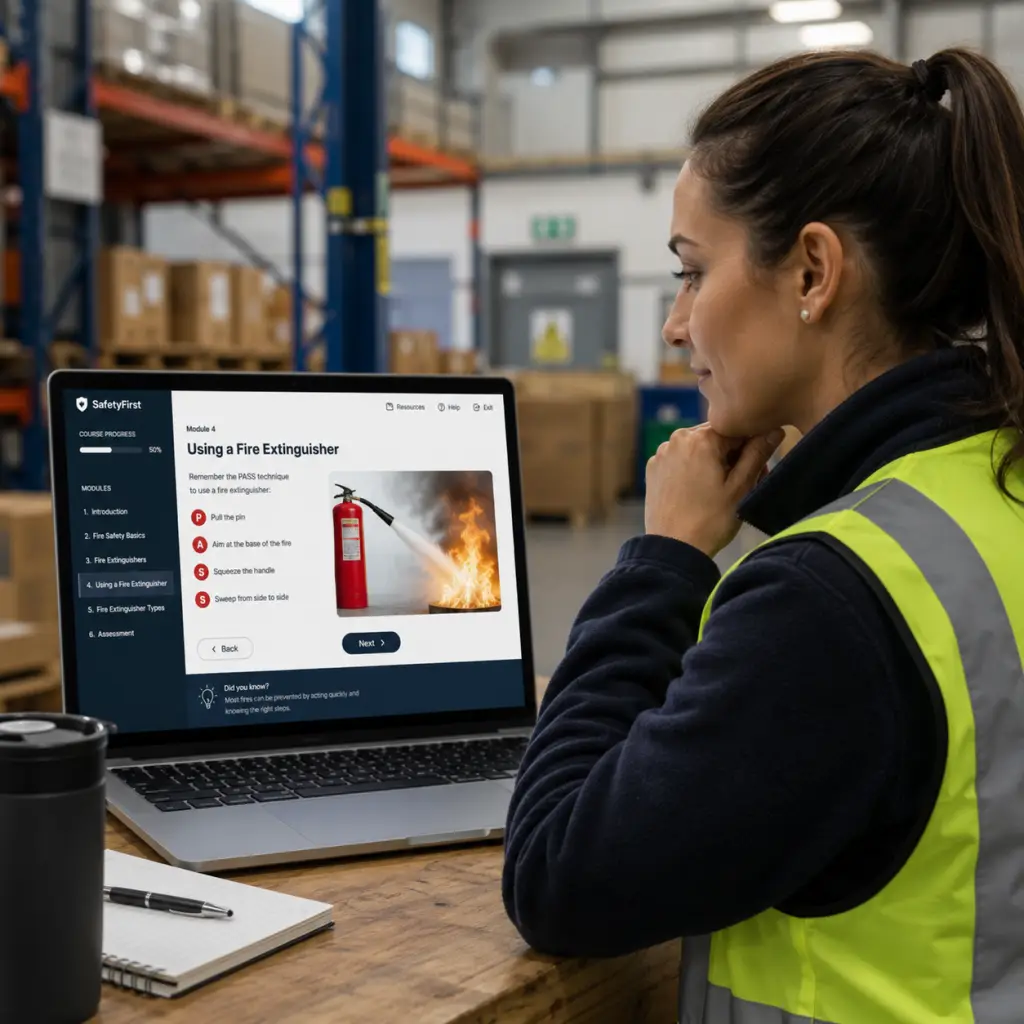 A woman in a warehouse looking at a health and safety training course
