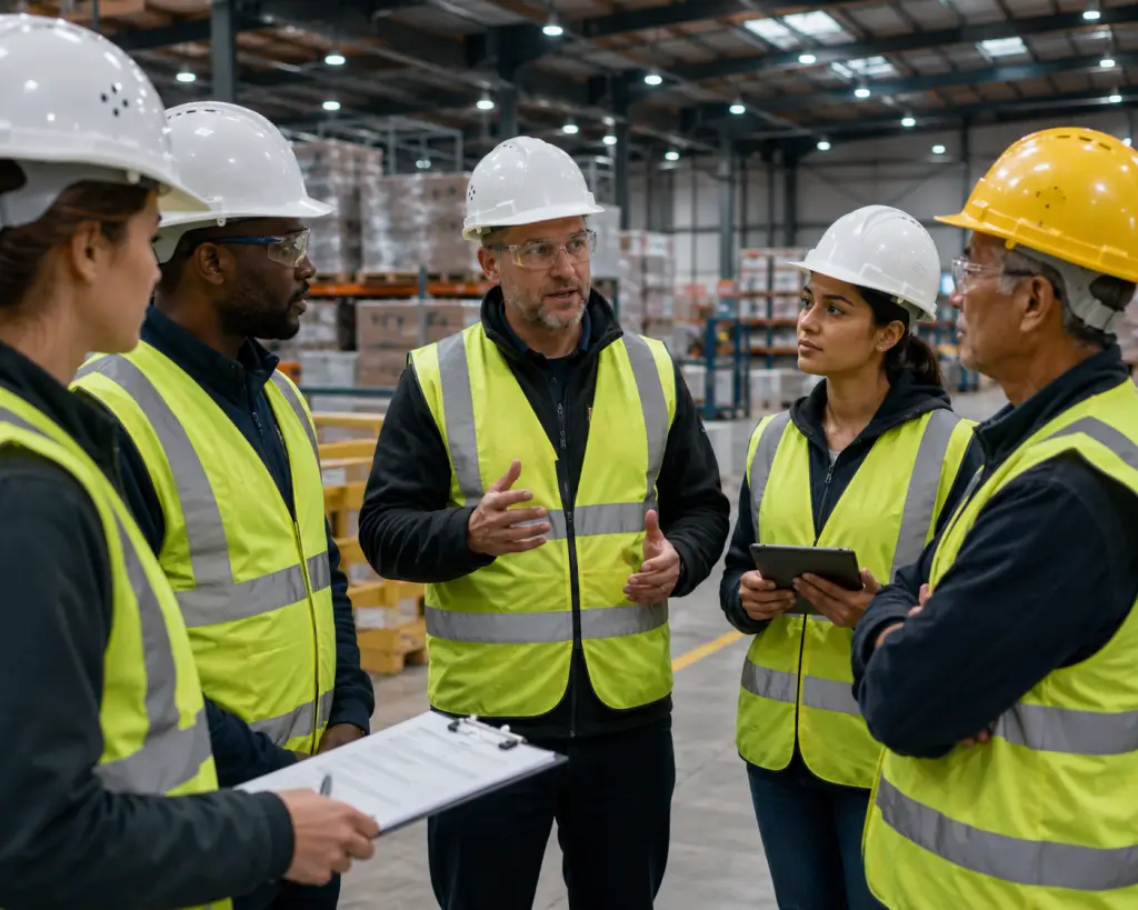 Five people in hard hats and high vis vests in an warehouse discussing HR and employee onboarding