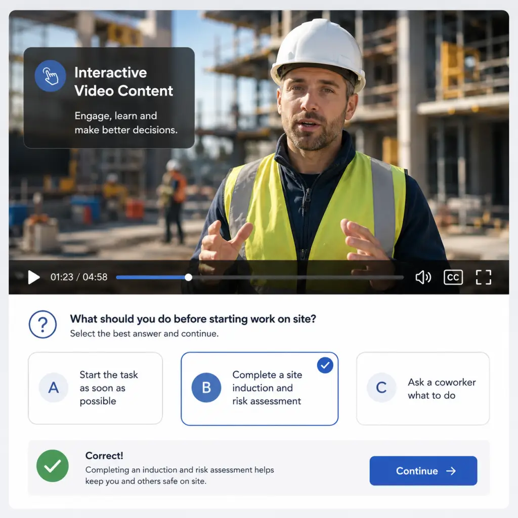 An image of a man in a hard hat and high vis vest presenting a compliance training video