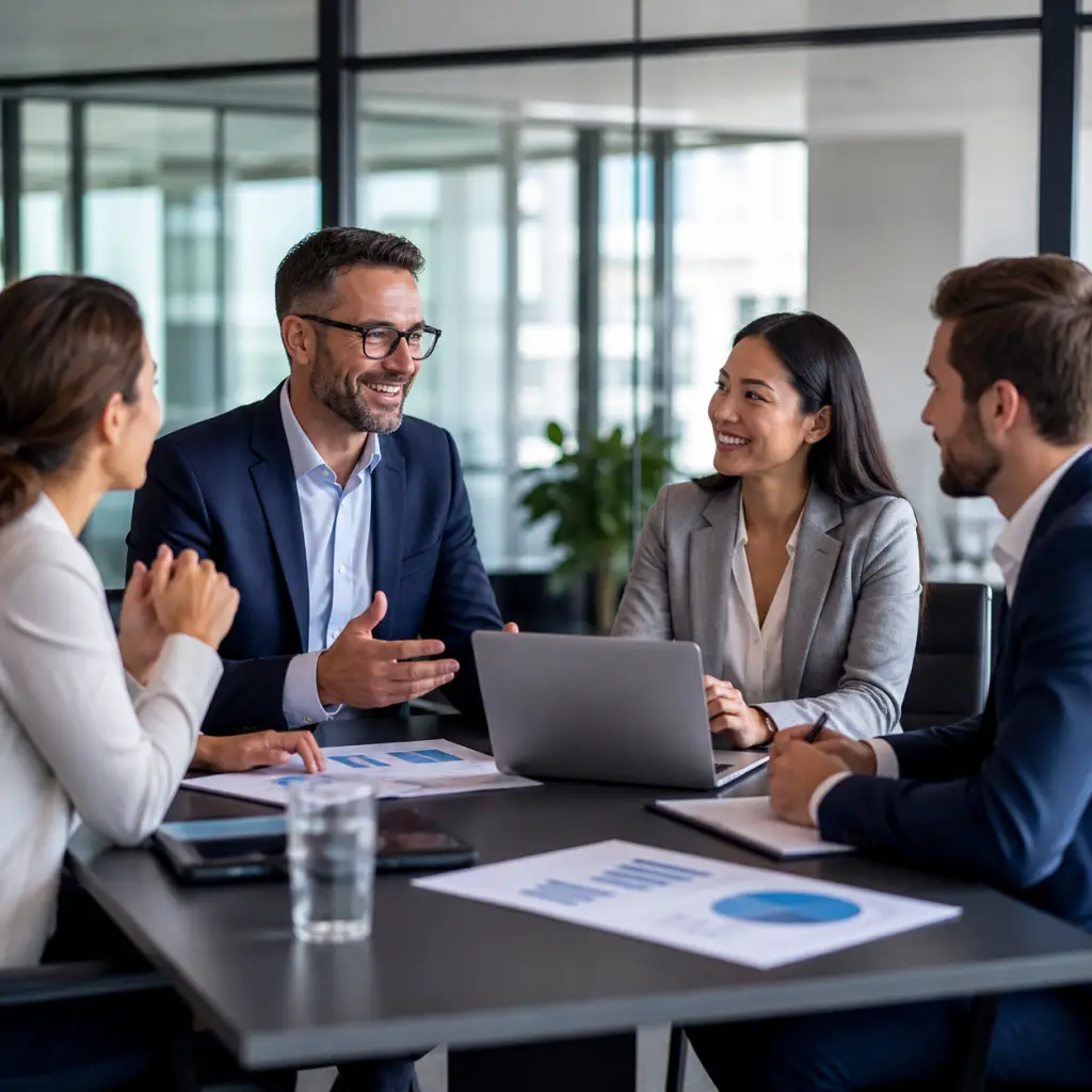 A legal team meeting around a table in a modern office