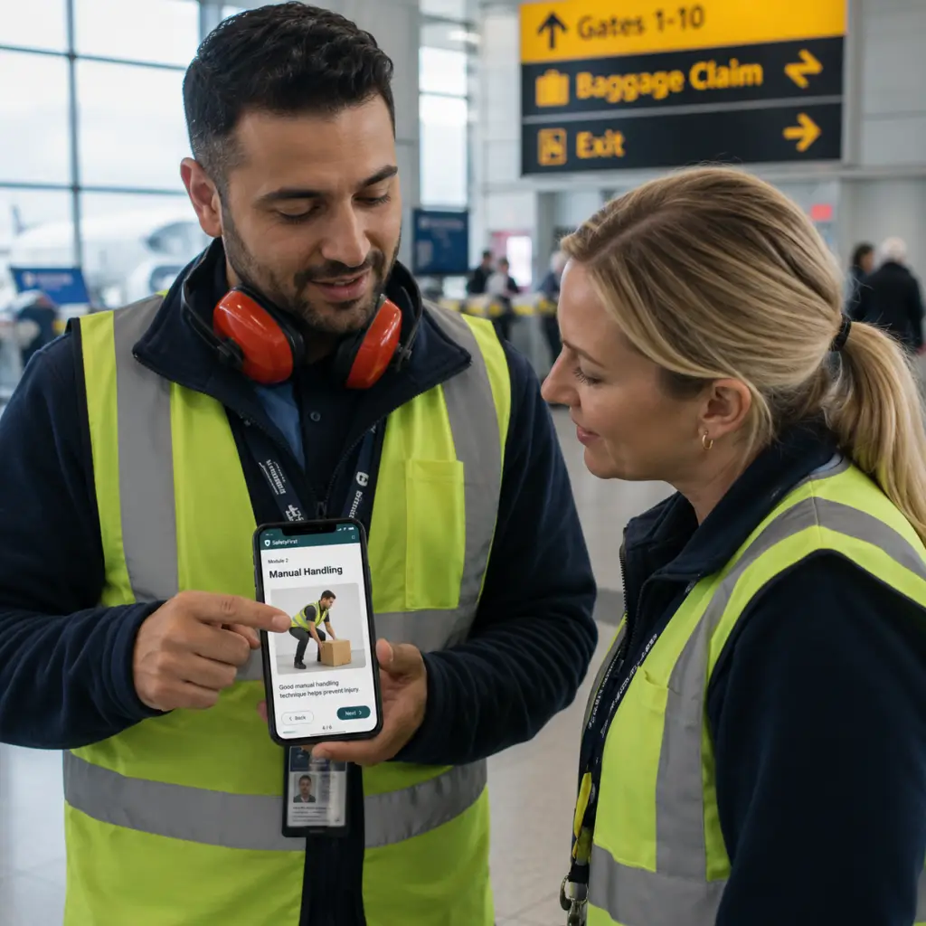 A man in a high vis vest demonstrating a health and safety manual handling course on a mobile to a colleague