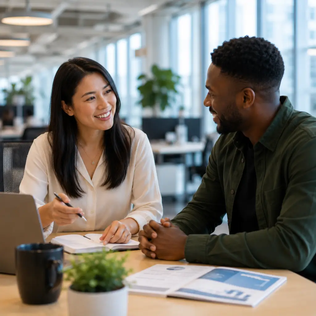 A woman and a man in an employee onboarding meeting in a modern office