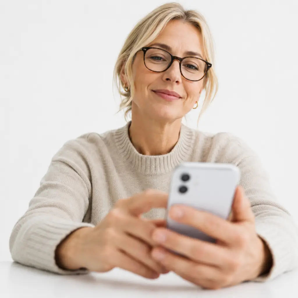 A blonde-haired woman looking at leadership training on her mobile