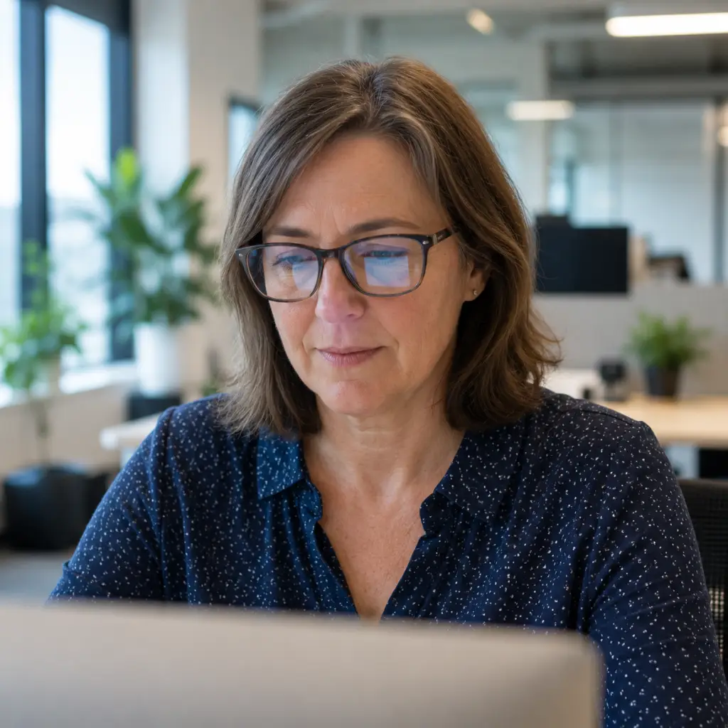 A woman looking at a computer undertaking role-based onboarding