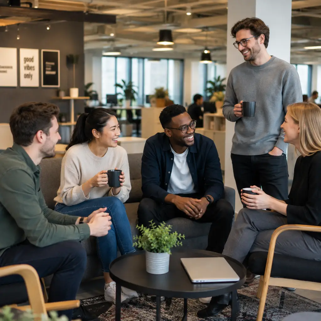 A casual office networking meeting around a coffee table between five people