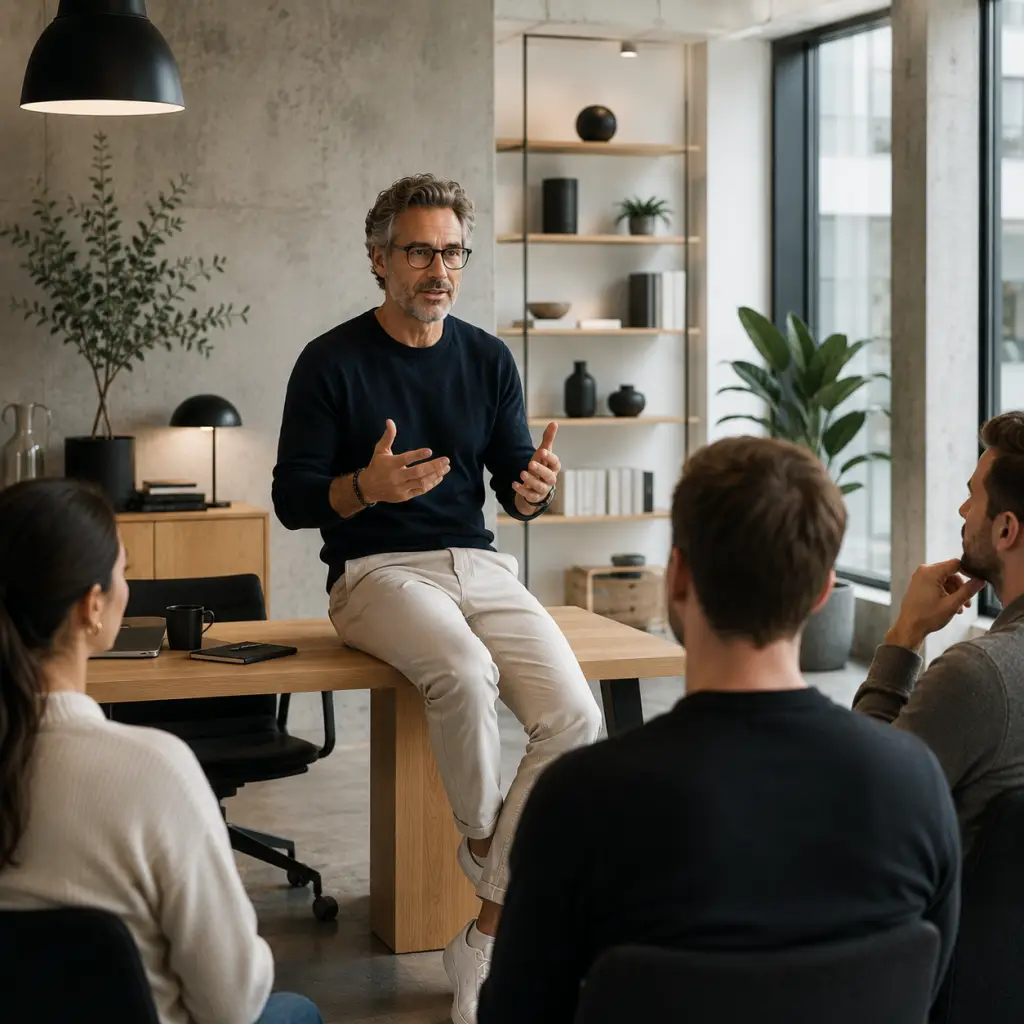 A casually dressed business leader sat on a desk talking to a team of people in a modern office