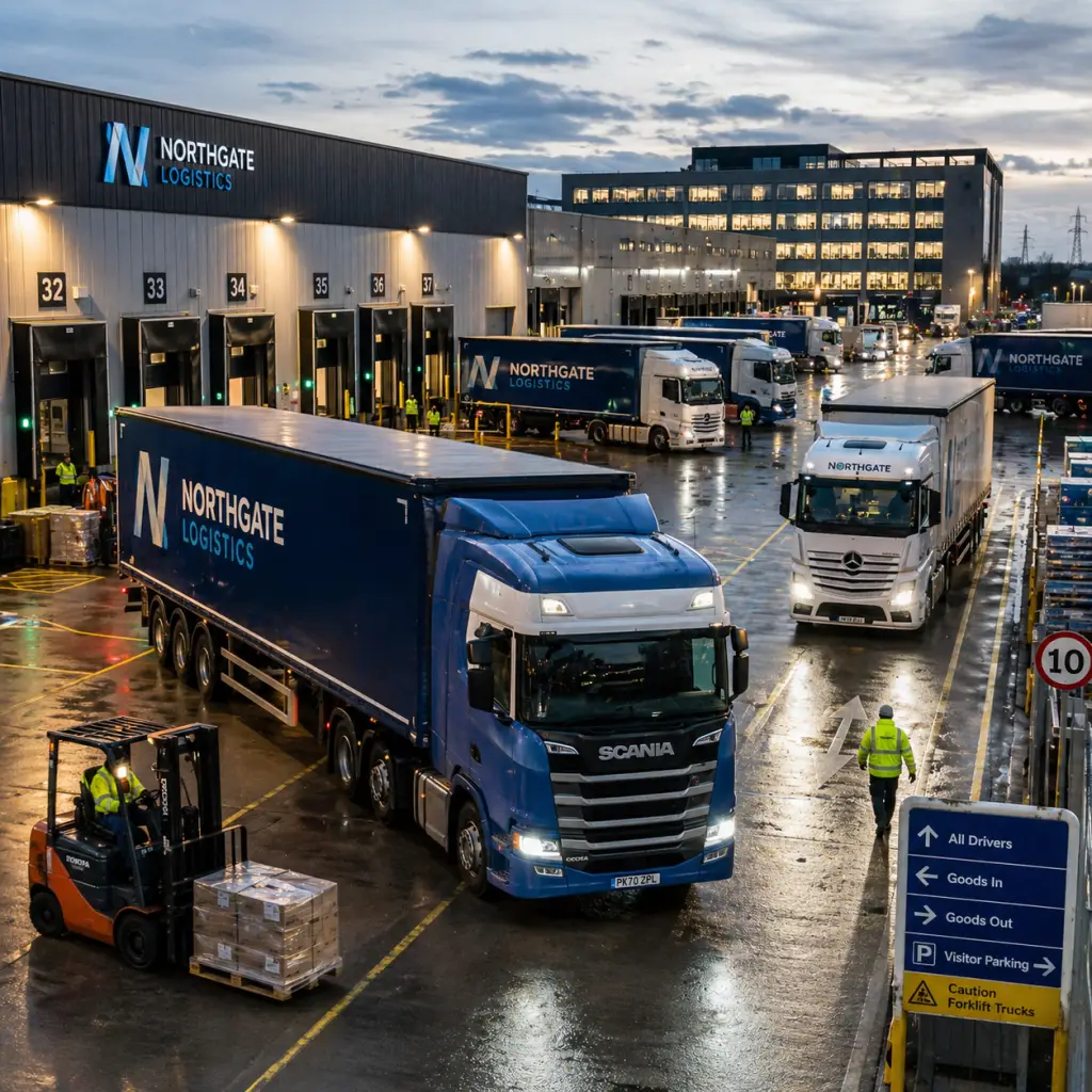 Nightime photo of a modern logistics hub with a large lorry in the foreground