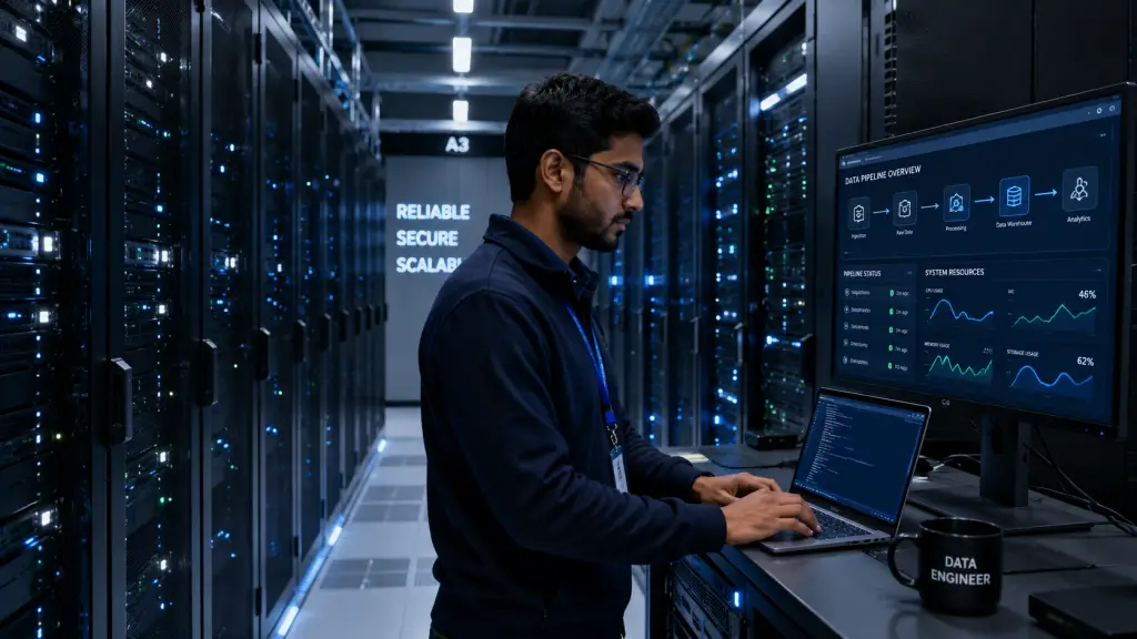 A data engineer working on a laptop in a modern data centre