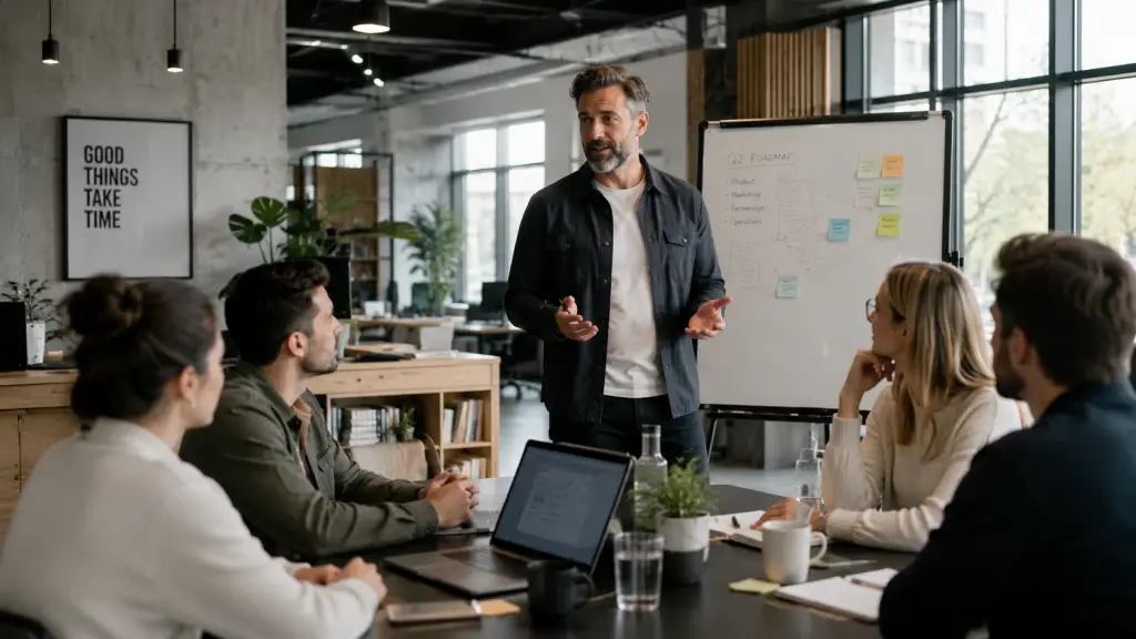 Man in his forties dressed casually presenting a training session for a recruitment company