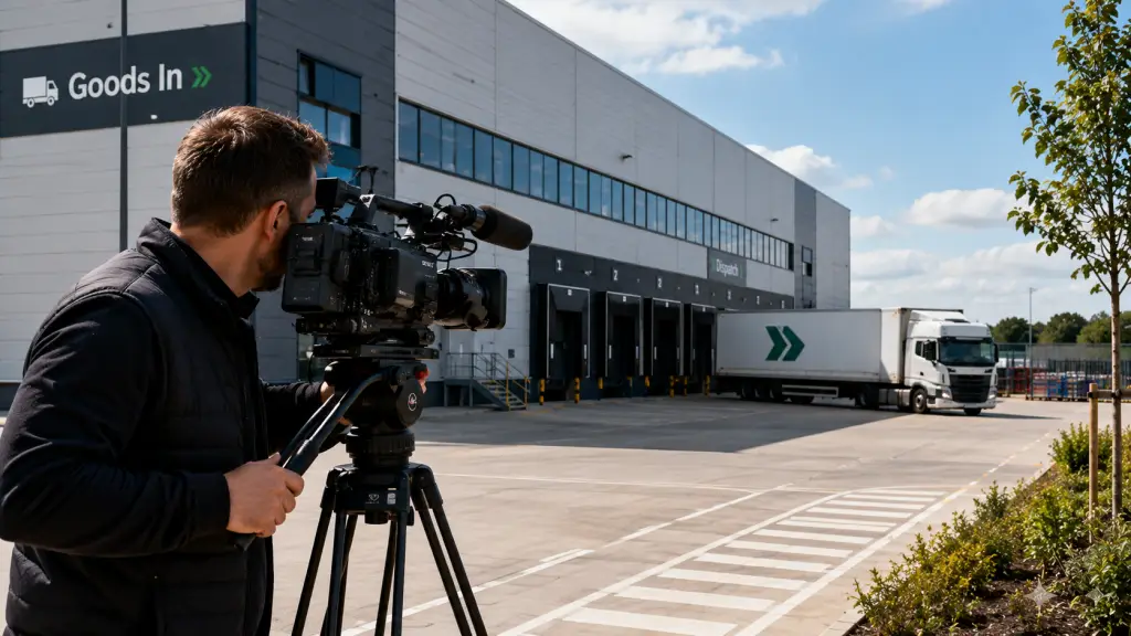A video cameraman filming outside a logistics warehouse