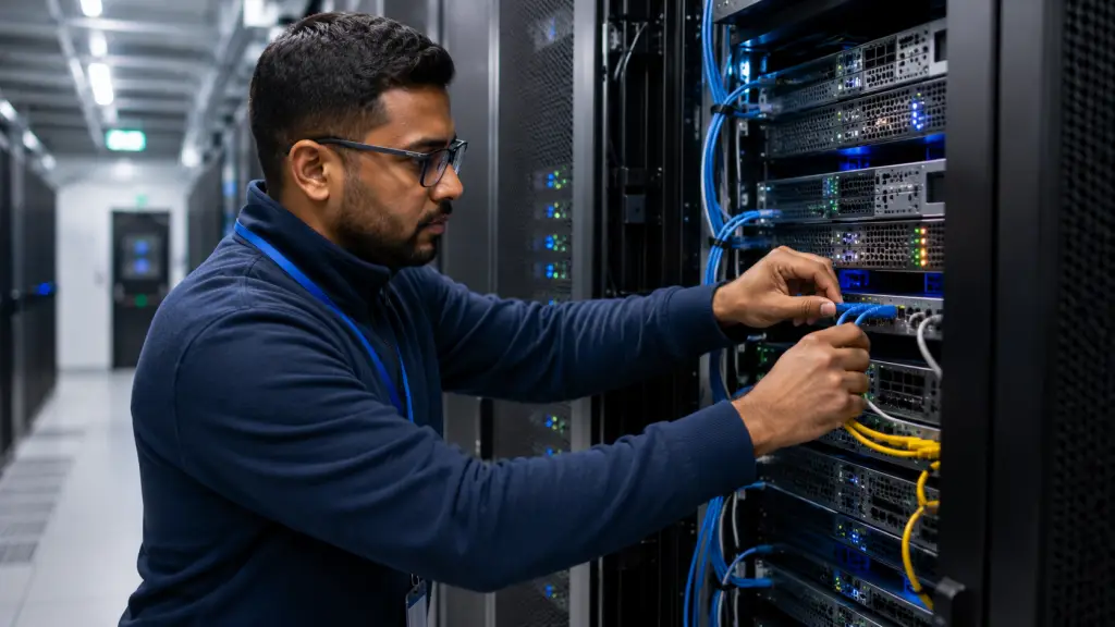 Data Centre Engineer wiring up a server rack