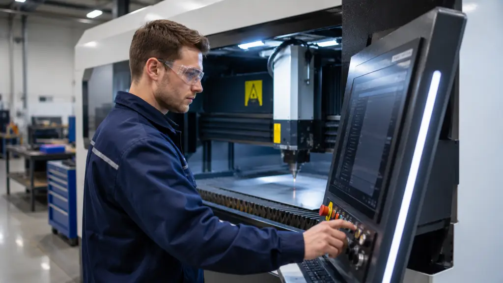 Man operating a modern laser cutter panel