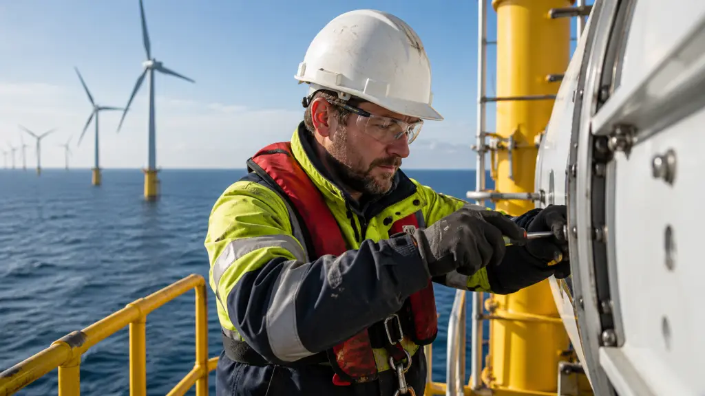 Engineer carrying out maintenance on an offshore wind turbine