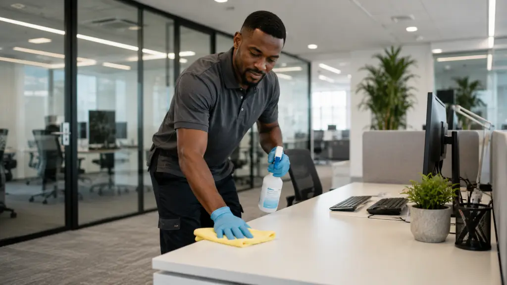 Man cleaning a desk in a modern office