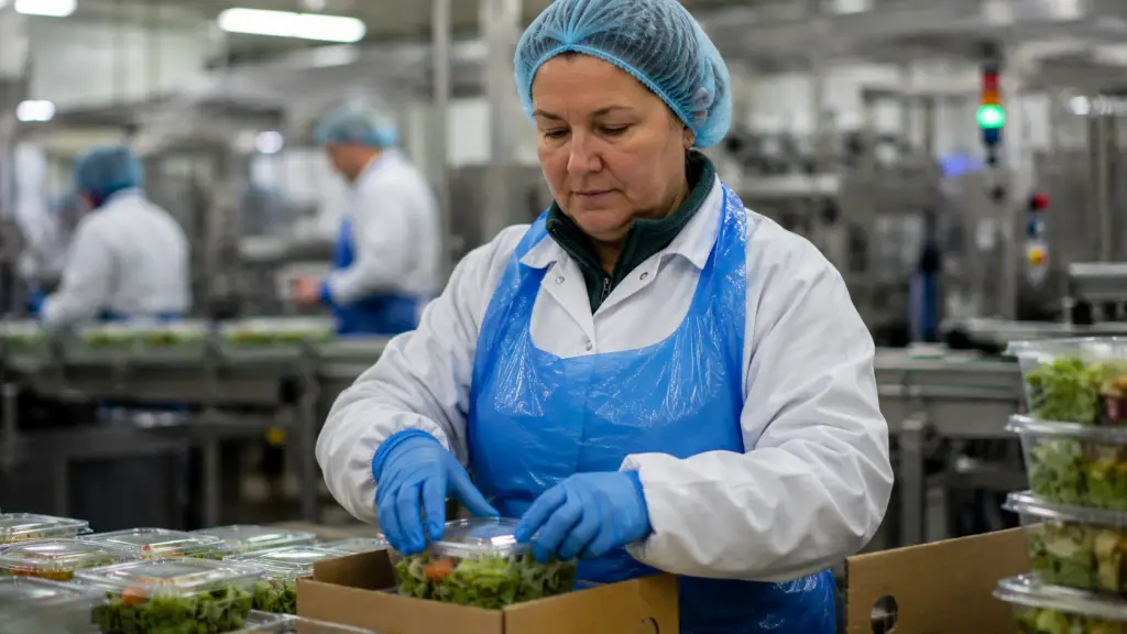 Woman packing salad on a food manufacturing line