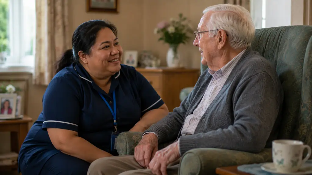 Carer in a healthcare setting talking to an elderly man