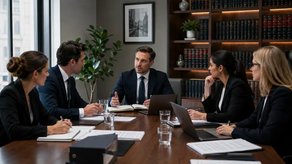 A meeting of lwyers in a modern, austere boardroom