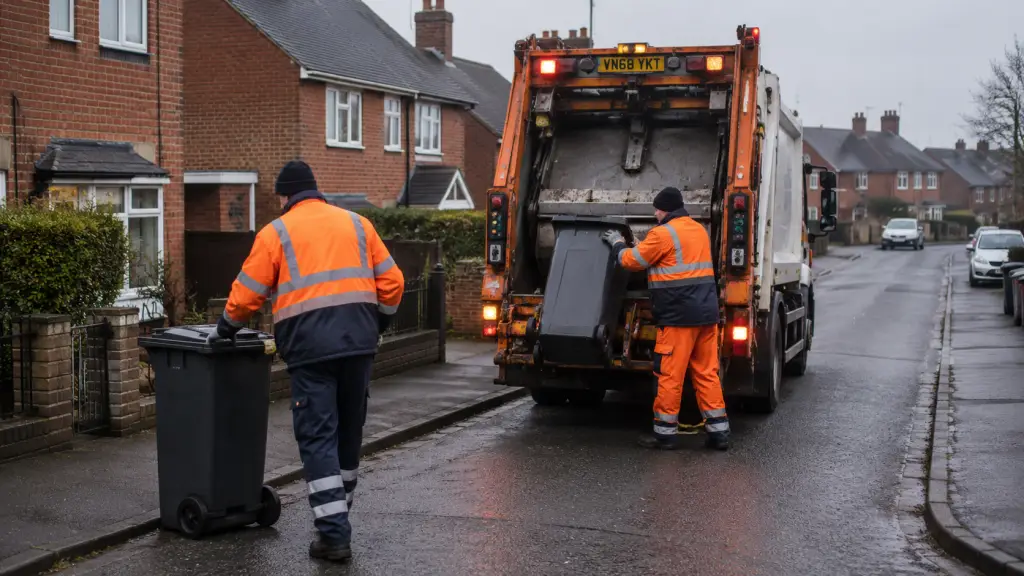 Two local authority refuse collectors collecting black wheelie bins on a UK street.