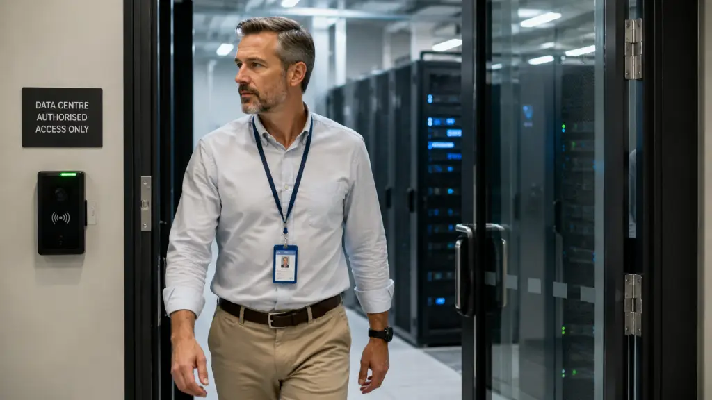 data centre engineer walking through access point