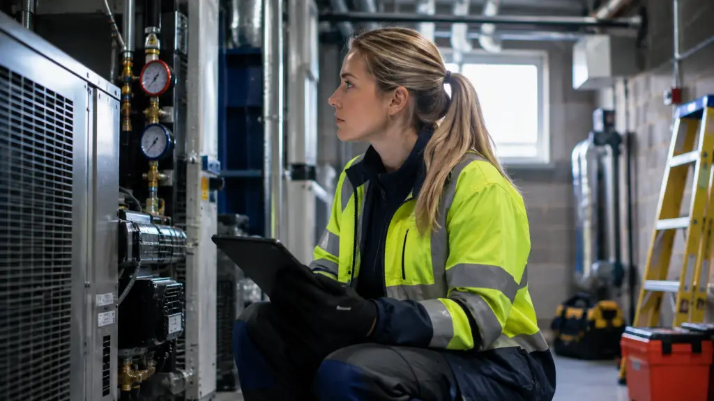 Female HVAC engineer in a Data Centre inspecting a panel