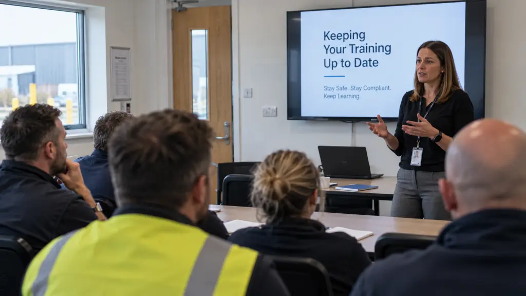 training person carrying out refresher training in a classroom
