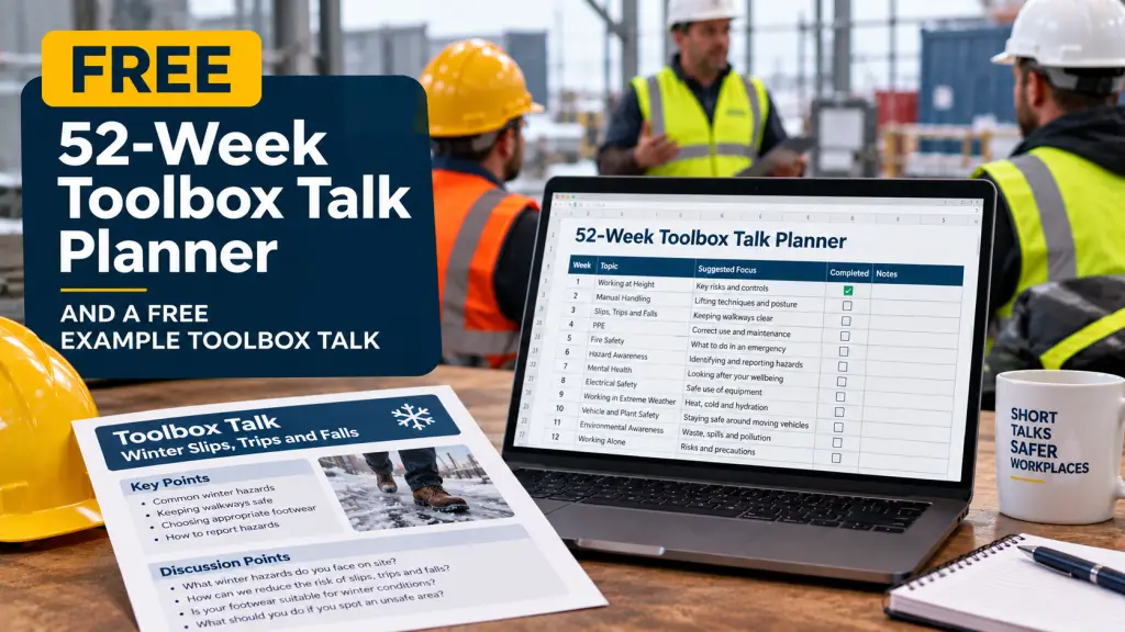 Computer on a desk with a FREE 52-week toolbox talk planner on the screen