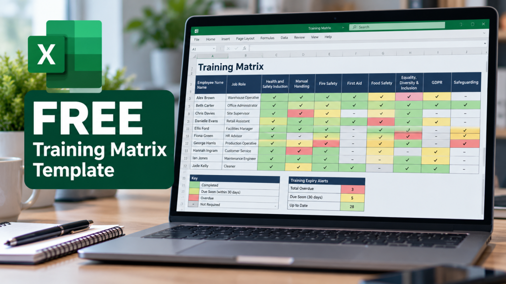 image of a laptop computer on a desk with an Excel training matrix template on screen
