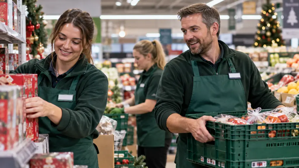 Photo of seasonal workers stacking shelves in a supermarket